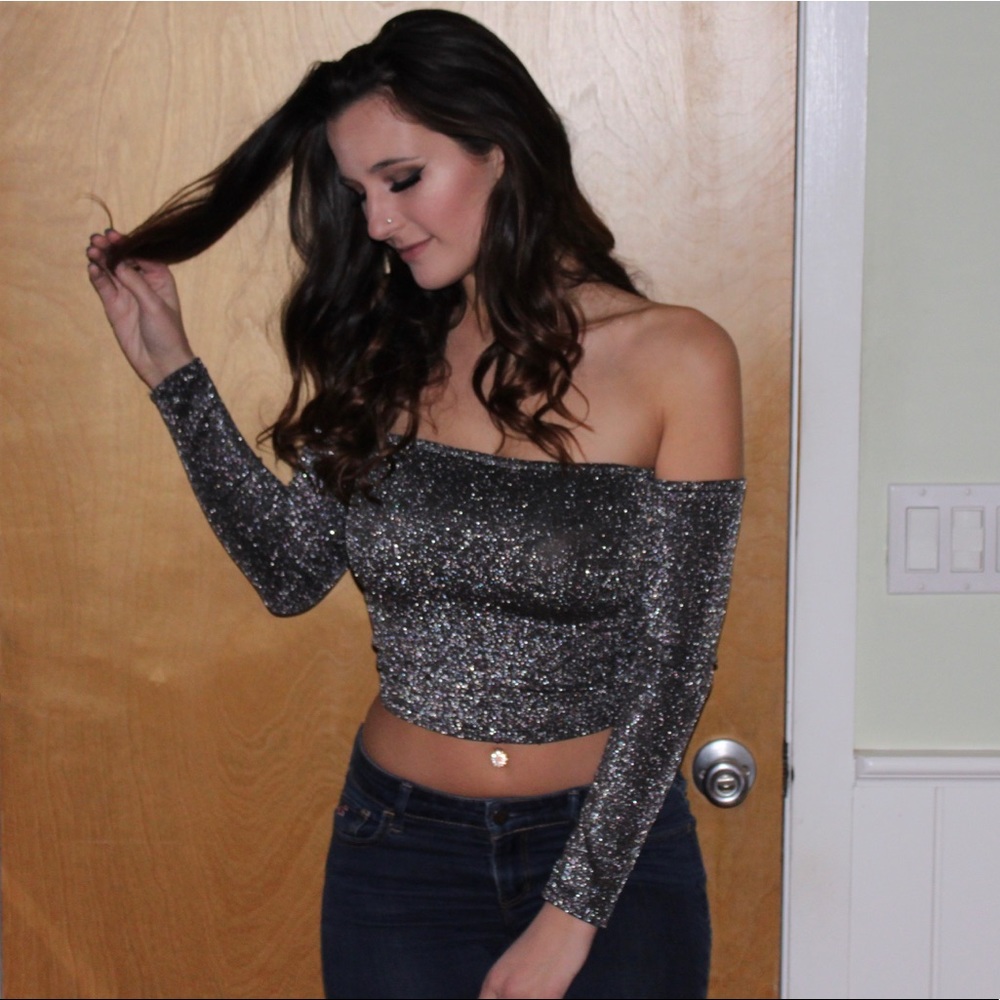gray off the shoulder glitter crop top